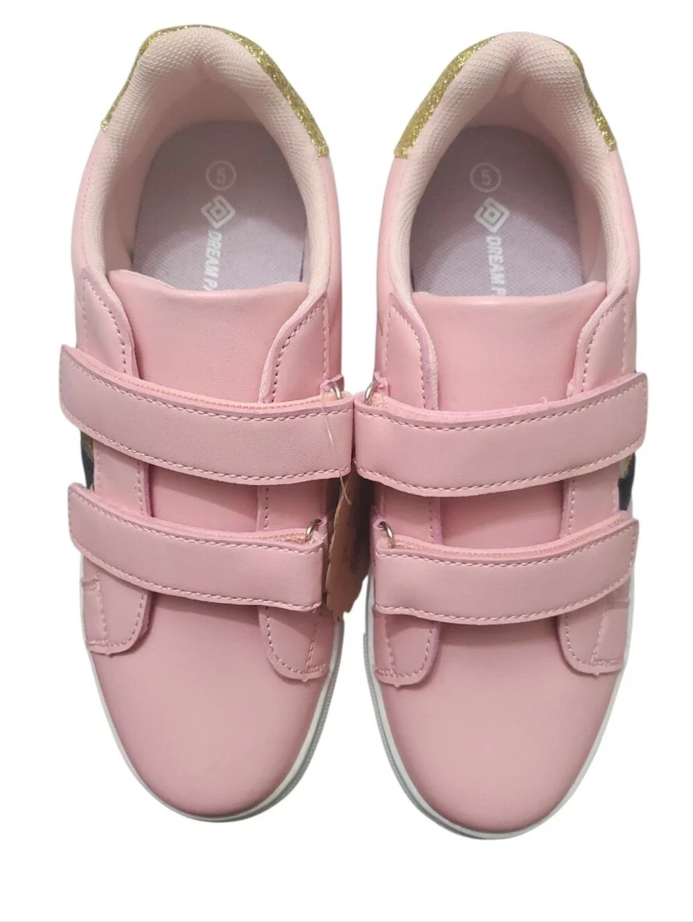 Dream Pairs Pink Kids SIZE 5 Velcro Sneakers with Gold Red Navy Glitter Stripes